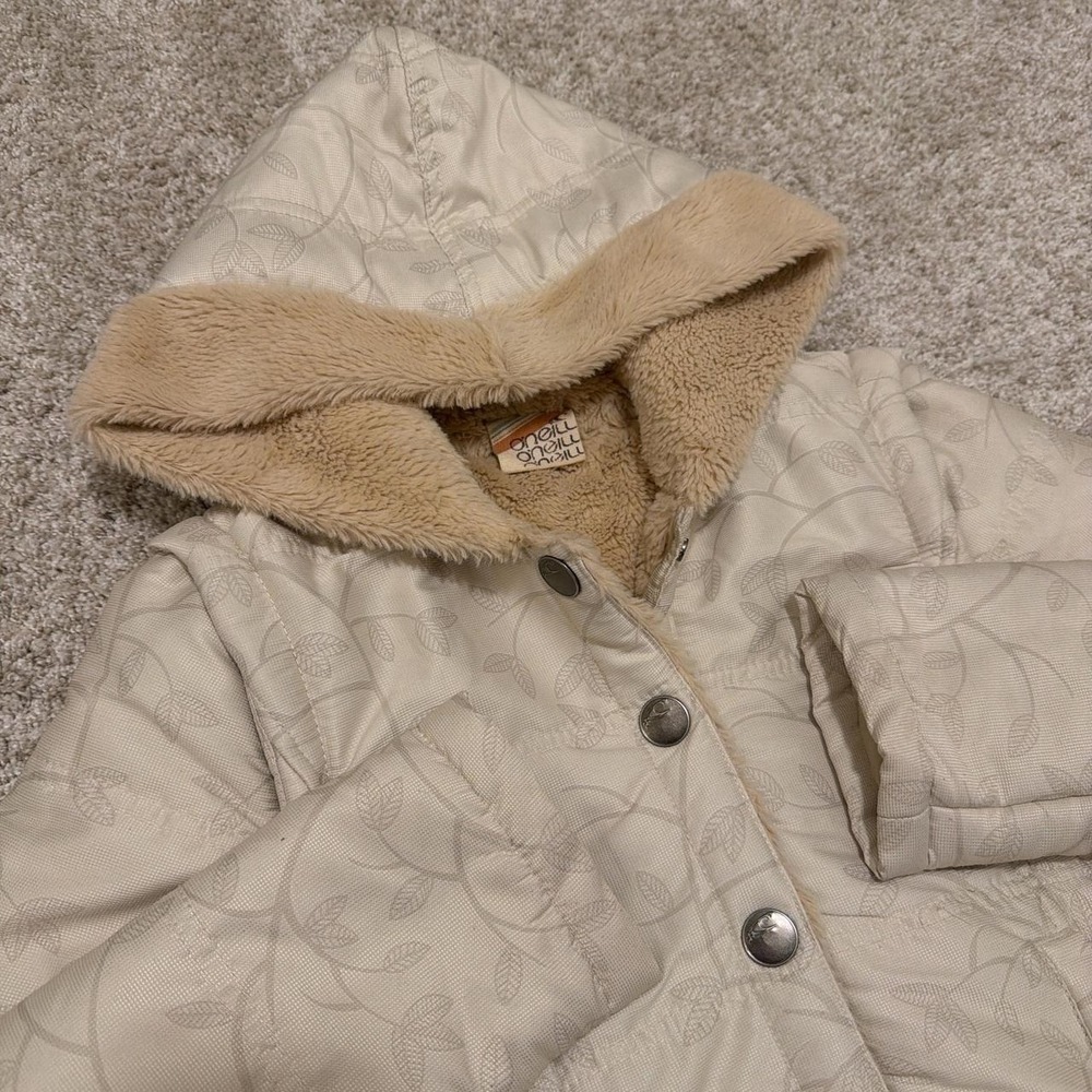 Y2K O'Neill Quilted Hooded Jacket With Zip Sleeves | Cream Leaf Pattern | XS